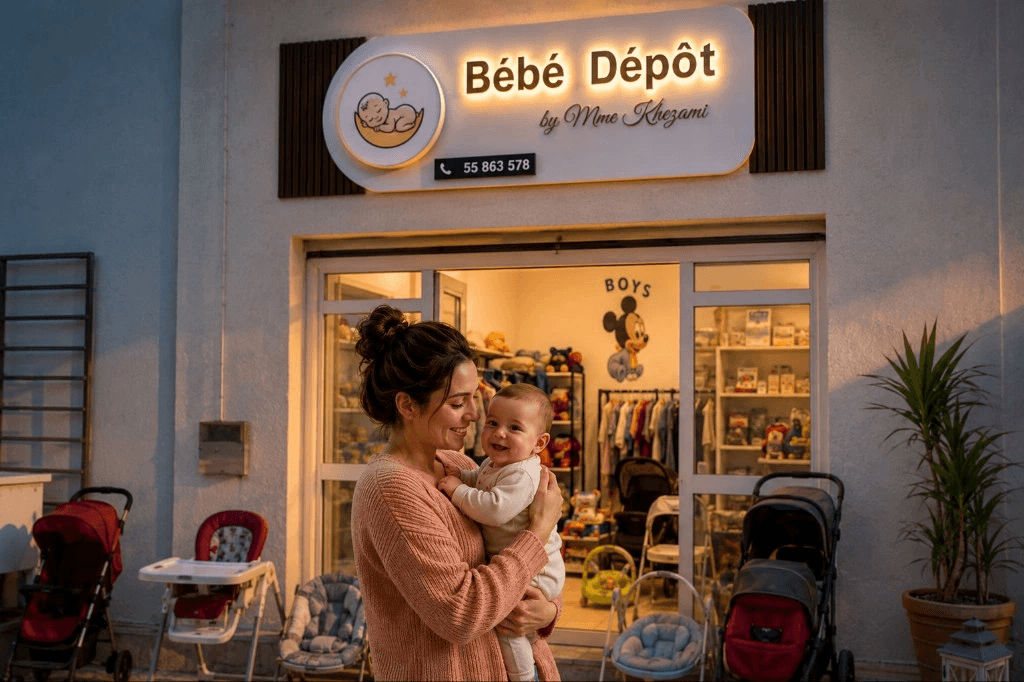 Mme Khezami avec bébé dans la boutique Bébé Dépôt